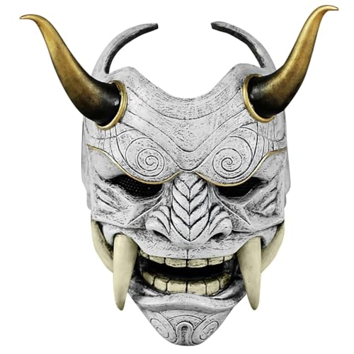 HTLNUZD Full Face Mask Halloween Latex Mask Cosplay Japanese for PrajnaHeadgear Samurai Evil KabukiHannya Party Mask Decorate (gray)