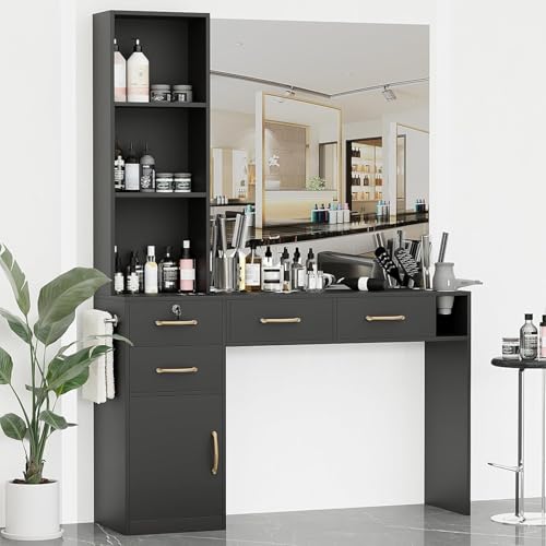 Barber Station for Hair Stylist Salon Station with 4 Drawers (One Lockable) 1 Cabinet & Blow Dryer Holder Modern Hair Station Barber Desk & Table for Beauty Spa or Estacion de Barberia(No Mirror)