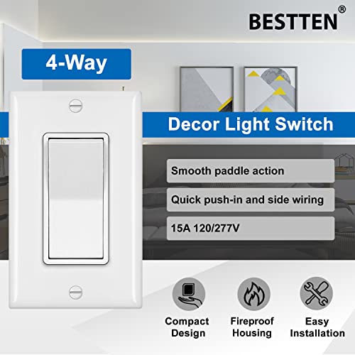 [4 Pack] Bestten Dimmer Light Switch, Universal Lighting Control, Single Pole Or 3 Way, And 4-Way Decorator Wall Light Switch With Wallplate, 15A 120/277V, Self-Grounding, Ul Listed, White #TOP7