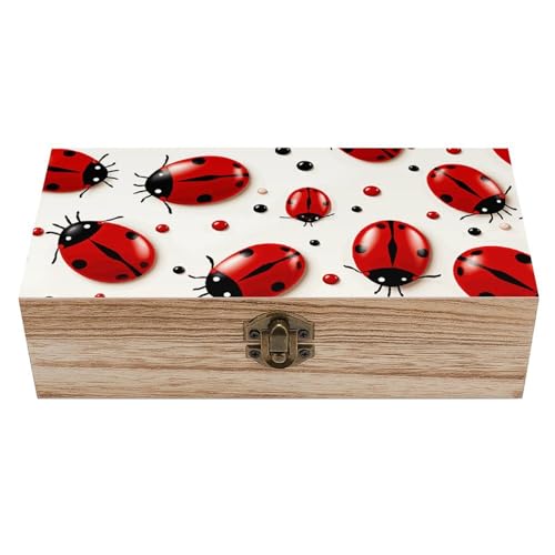 ZLFDSKGY Boîte de rangement vintage en bois avec motif coccinelle rouge - Grande boîte à bijoux avec couvercle et fermoir à l'avant - Boîte cadeau décorative en bois
