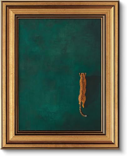 Gold Framed 3D Textured Wall Art, Vintage Green Cheetah Canvas Prints, Minimalist Emerald Green Leopard Pictures Decor, Modern Trendy Animal Gallery Artwork for Living Room Bedroom Office 12x16Inch