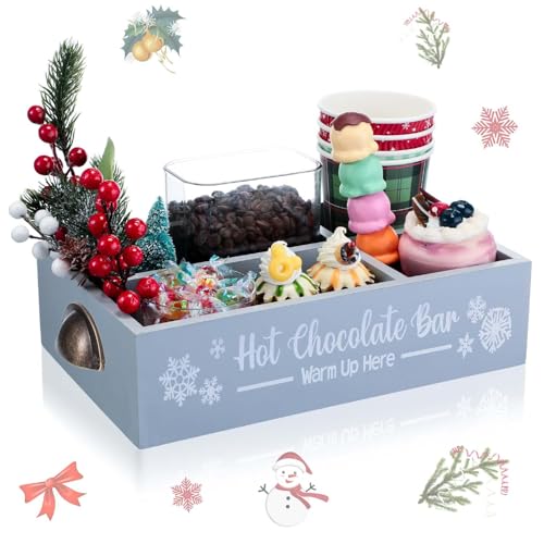 Soaoo Christmas Hot Cocoa Bar Coffee Station Organizer Decorative Wood Storage Box with Handle Coffee Organizer Pod Holder for Countertop Decorative Xmas Storage Bins Bar Accessories(Gray)