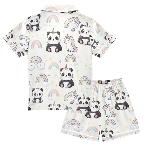 ALAZA Cute Panda Unicorn Rainbow Pajamas Satin Pajama Set Short Sleeve Button Down Sleepwear2