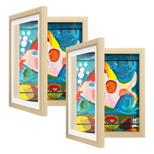 2 Pack Kids Art Frame, Kids Artwork Frames Changeable 8 x10.5 with Mat and 9 x12 Without Mat, Woodgrain Front Opening Children Picture Storage Frame for Wall Holds 50Pcs Crafts, Drawing, Art Projects
