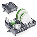 KINGRACK Dish Drainer Rack - Extendable Dish Rack, Stainless Steel Dish Drainer for Kitchen Counter, Draining Board Rack with Removable Cutlery Holder, Gray