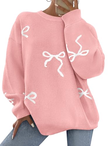 PRETTYGARDEN Fall Long Sleeve Pullover Sweaters for Women 2025 Trendy Crewneck Casual Cute Bow Chunky Knit Oversized Sweater