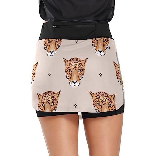 ODAWA Saia de tênis feminina Leopard Head Shorts internos elásticos esportivos de golfe com bolsos P