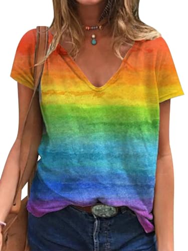 Dresswel Damen Regenbogen T-Shirt V-Ausschnitt Bunte Streifen Grafikdruck...