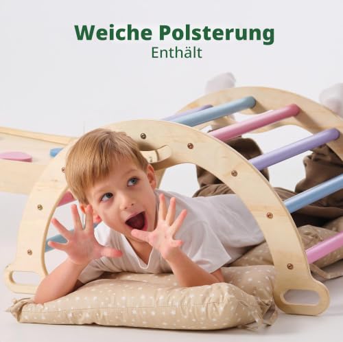 Foto von Goodevas 5-in-1 Montessori Klettergerüst Set: Indoor Kletterdreieck, Kletterbogen mit Kissen, und Rutsche für Kinder, Indoor Spielplatz bis zu 3 Jahren (Pastel)