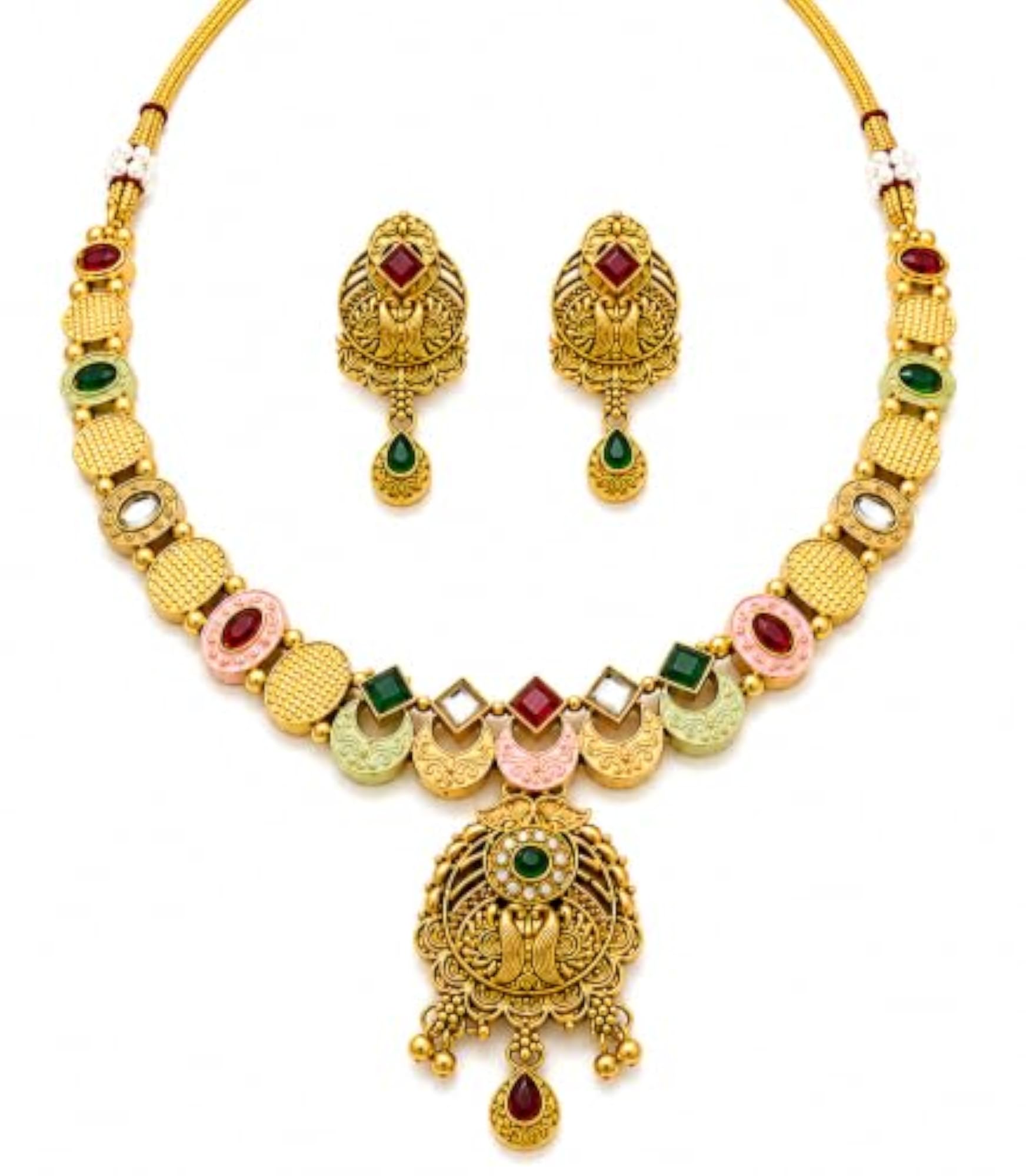 Gold Plated Multicolor Enamel Necklace Set with Earrings