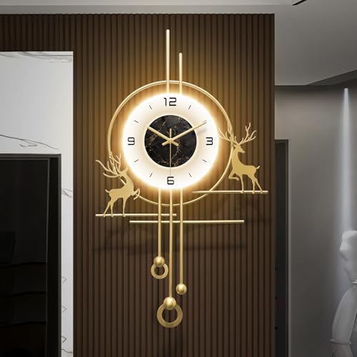 HEBOIX Modern Deer Wall Clock for Living Room,Large Gold Decorative Wall Clock with Light,Creative Silent Clock Battery Operated for Kitchen/Entryway/Bedroom/Office/Dinning Room Metal Wall Decor