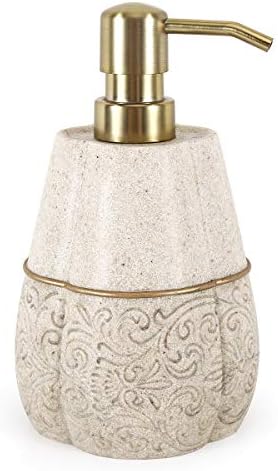 Lewondr Soap Dispenser Bottle, 400ml/14oz Countertop Hand Lotion Pump Bottle, Resin Soap Dispenser with Carved Pattern, Refillable Liquid Bottle for Bathroom, Kitchen - Khaki