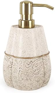 Lewondr Soap Dispenser Bottle, 400ml/14oz Countertop Hand Lotion Pump Bottle, Resin Soap Dispenser with Carved Pattern, Refillable Liquid Bottle for Bathroom, Kitchen - Khaki