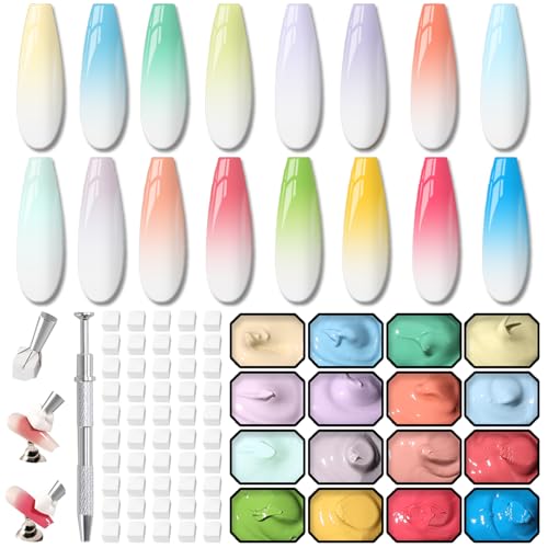 Karroy Sponge Pat Paint Nail Gel, Ombre Nails Gradient Gel Nail Blush Blooming Aura Nails Drawing Stripper Floral Painting DIY Nail Art, No Wipe, UV/LED Curing (16 Colors G)