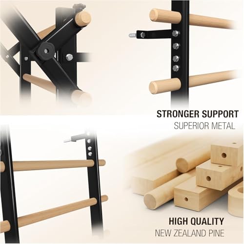 GMWD Swedish Ladder Wood Stall Bar, Suspension Trainer with Pull-Up Bar and Dip Bar Attachments, Wooden Stall Bar with 9 Strategic Rods for Core Strengthening and Stretching Balanced - Thumbnail 5
