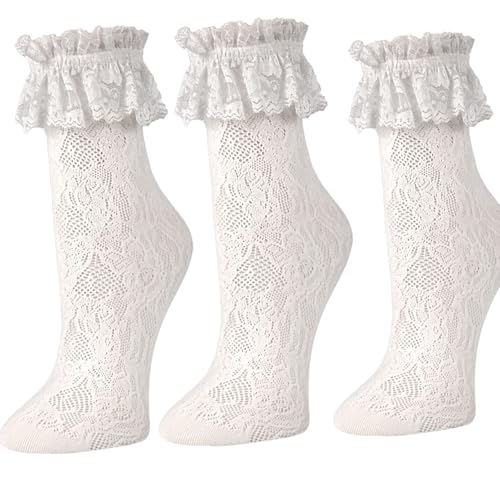 Image of 3 Pairs Womens Lace Ankle White Ruffle Frilly Dress Sexy Mesh Lace Trim Lolita Sock Lacy Ruffled Bootie Socks
