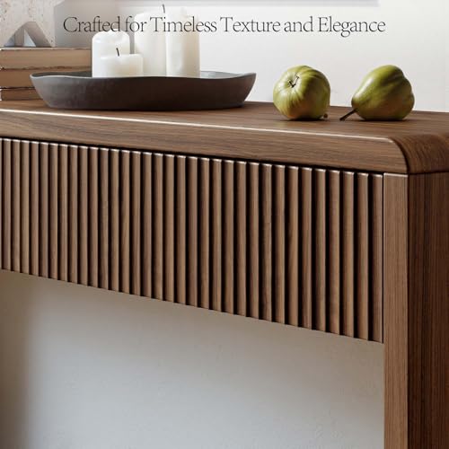 Image of Evermagin 59'' Walnut Entryway Table with Drawers, Fluted Console Table, Mid Century Modern Sofa Table with Storage for Living Room, Entrance, Hallway