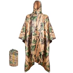 Camouflage Rain Poncho, Military Waterproof Camo Ponchos, Lightweight Emergency Hooded Raincoat, Multi Use Rain Suit
