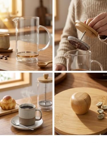 Image of Glass French Press Coffee Maker-Heat-Resistant Borosilicate Glass with Eco-Friendly Bamboo Lid & Wood Knob - Manual Coffee & Tea Brewer with Measurement Markings & Stainless Filter