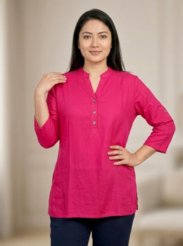 Image of Women's Roll-Up Sleeve Tunic Top, V-Neck with Button Front, Side Pockets, Rayon Short Kurti