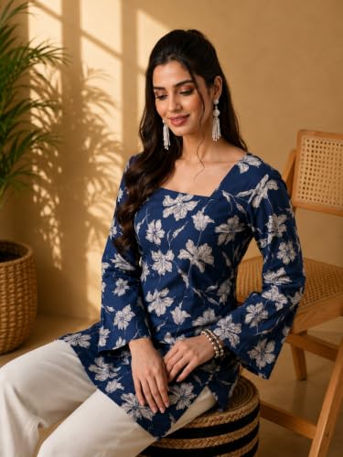 Image of Rayon Floral Print Short Kurti for Women | Square Neck Long Sleeve Top for Women | Criss Cross Back Desing Kurti | Soft Breathable Fabric | Relaxed Fit | Casual and Office Wear