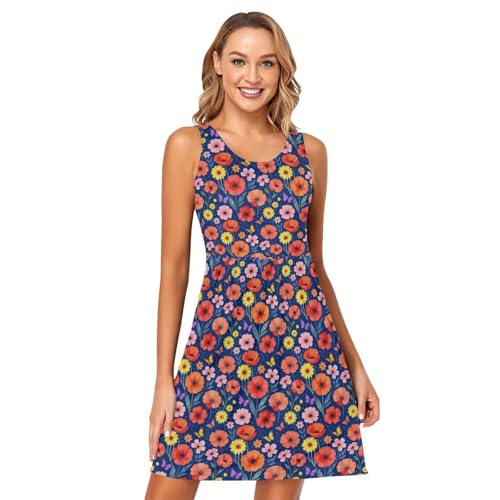 Robe débardeur sans manches femme XX-Large imprimé aquarelle rouge fleur jaune