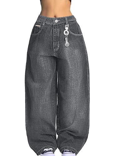 Image of EMMIOL Women Hip Hop 90s Vintage Baggy Jeans Denim Pants Mid Waist Jeans