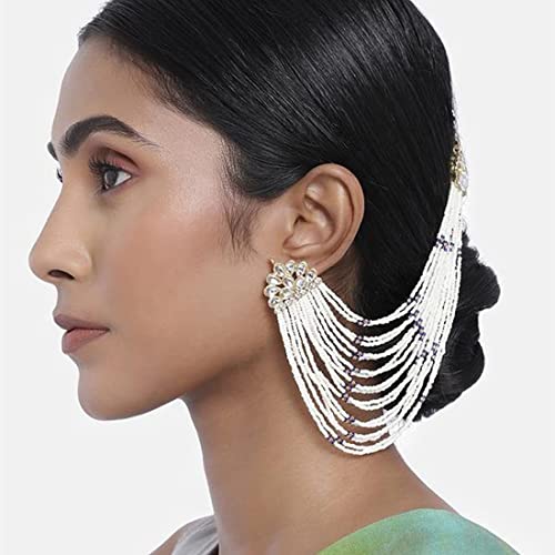 Aheli Kundan & Pearls Earrings with Chain Gift for Women Indian Traditional Bollywood Jewelry Blue3