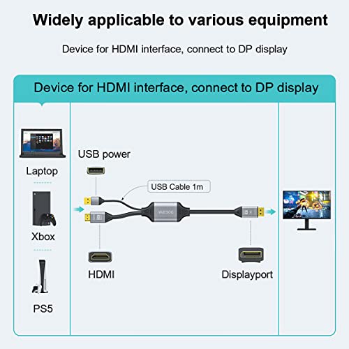 Wjesog Hdmi To Displayport 8K Cable 6Ft With Usb Power,Hdmi 2.1 Male To Dp 1.4 Male Converter Support 8K@30Hz/4K@120Hz/2K/144Hz For Xbox One/Ps4/Ps5/Ns #TOP6