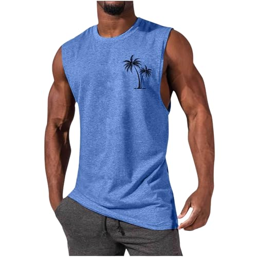 Mens Summer Beach Tank Top Hawaiian Palm Tree Print Sleeveless Basic Muscle Tee Vacation Tops
