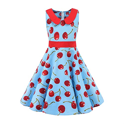 Sleeveless Doll Collar Kids Party Swing A-Line Girls Dress Cherry Flower Casual Peter Pan Collar Dot 50'S Retro Girls Dress 11-12 Years（Chw3028-Xl） #TOP23