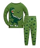 Popshion Schlafanzug Jungen 116 Dinosaurier Langarm Zweiteilig Pyjama Kinder Baumwolle Schlafanzüge Weihnachts Pyjama Baby Junge(Dinosaurier225 5T)