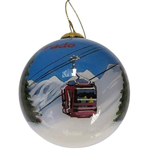 Art Studio Company - Blown Glass Christmas Ornament | Gondola w/Evergreen Trees & Snow Covered Mountains Colorado | Hand Painted Inside | Original Art | Includes Gift Box Cover