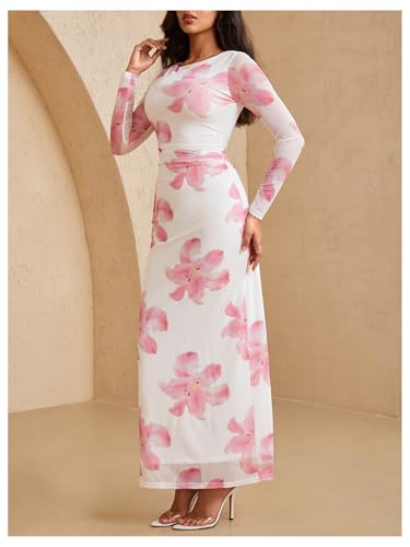 Image of Milumia Women's Floral Print Sheer Dress Crew Neck Long Sleeve Bodycon Maxi Dresses
