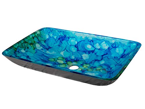 Eden Bath Blue & Green Water Lilies Rectangular Glass Sink Bowl Bathroom Vessel Sink for Vanity Top