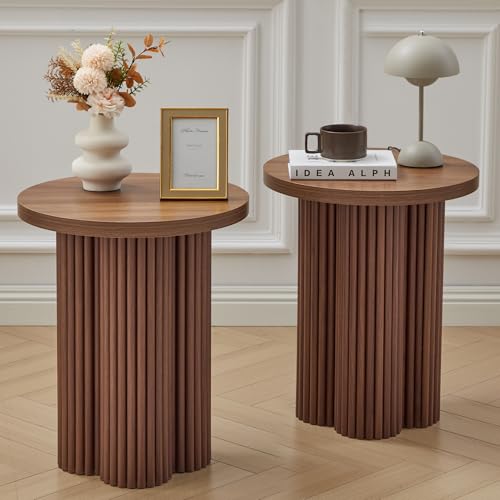 MAHYIZYI Small Sofa Side Table Set of 2 Fluted Accent Pedestal End Table Wood Round Night Stand Farmhouse Bed Side Table Drink Tables for Living Room Small Spaces (Walnut-2PCS)