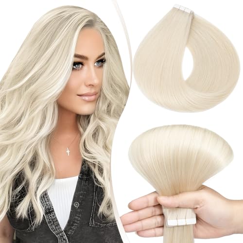Elailite Tape in Hair Extensions Human Hair Real Human Hair 10 Pcs Invisible Thin Type - Seamless Skin Weft Remy Hair Extension (#70 Bleach White 12 Inch-10g)