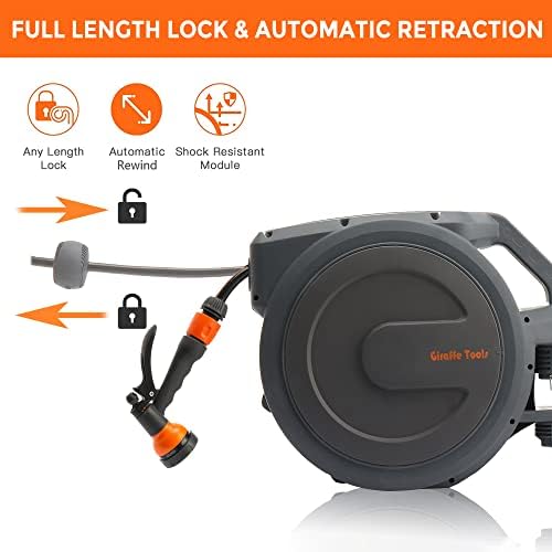 Giraffe Tools Wall Mounted Hose Reel, 35+2m Hose Pipe Reel, 180° Pivotal with 7 in 1 Spray Nozzle and Lead Hose