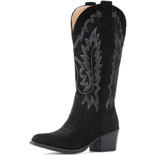 Image of IUV Suede Cowboy Boots For Women Chunky Heel Pointed Toe Cowgirl Boots
