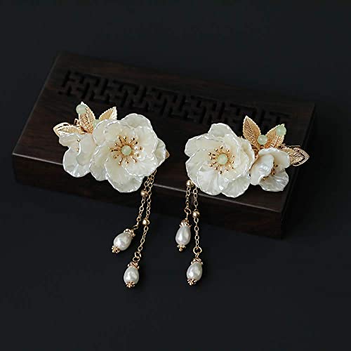 A Pair Of Flower Chinese Duckbill Hair Clips For Women Kimono Pearl Floral Accessories Vintage White Plum Gold Barrettes #TOP5