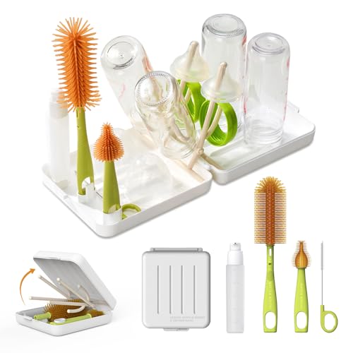 Image of VOGOGE Travel Bottle Brush with Portable Bottle Drying Rack, Baby Bottle Brush for Baby Travel Essential, White