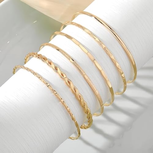 Gold Bangle Bracelet, 6 Pcs Gold Plated Dainty Layered Chain, 14K Layer Stackable Cuff Bracelet Set for Women (Gold)2