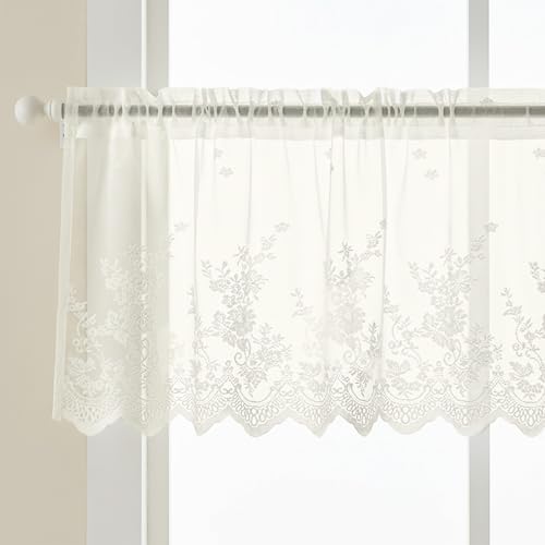 Axafazup Lace Valance Curtain Vintage Sheer Valance Rusitc Floral Short Kitchen Curtains Semi-Sheer Rod Pocket Window Valance Cream Beige 53 X 17.5 Inch