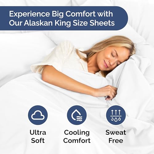 Image of Alaskan King Sheets, 108 inch x 108 inch - 4 Piece Alaskan King Sheet Set - White | Fits 10 inch to 16 inch Deep Pockets, Alaskan King Fitted Sheet, Large Oversize Alaskan King Fitted Sheet, Perfect for Family Beds