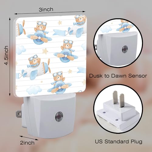 Image of Cute Adventure Bear in Airplane Night Light, Cartoon Animal Dusk to Dawn Night Light Plug in,0.5w Energy Saving Sleep Friendly NightLight for Kids Boys Girls Home Decor