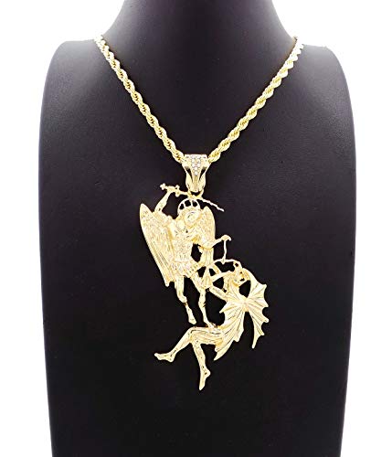 Fashion 21 Polished Saint Michael The Archangel Pendant 24" Cuban, Rope Chain Necklace in Gold Tone2