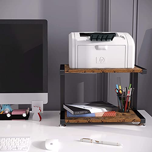 OROPY Vintage Printer Stand with 2 Tier Wood Storage Shelves, Multi-Purpose Desk Organizer for Fax Machine, Scanner, Files, Books with Adjustable Anti-Skid Feet