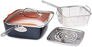 6 Quart XL Nonstick Copper Deep Square All in One 6 Qt Casserole Chef’s Pan & Stock Pot- 4 Piece Set, Includes Frying Basket and Steamer Tray, Dishwasher Safe