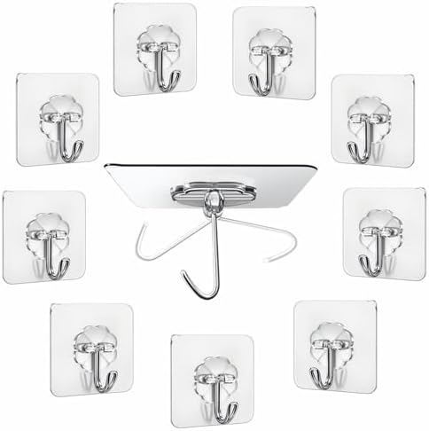 JIALTO 10 Pcs Adhesive Hooks Kitchen Wall Hooks-Heavy Duty 5 Kg (Max) Nail Free Sticky Hangers with Stainless Hooks Reusable Utility Towel Bath Ceiling Hooks