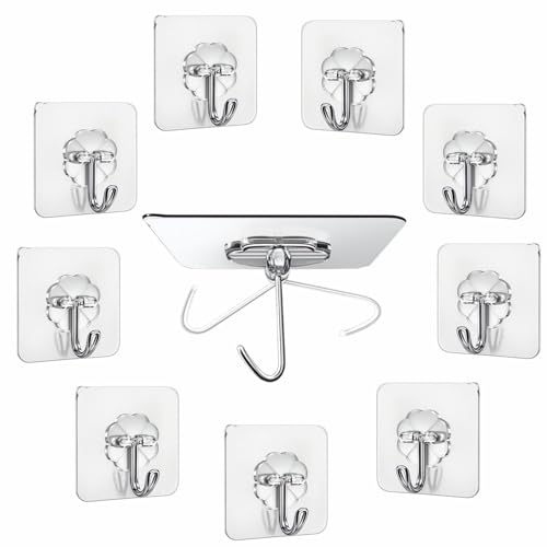 JIALTO 10 Pcs Adhesive Hooks Kitchen Wall Hooks-Heavy Duty 5 Kg (Max) Nail Free Sticky Hangers with Stainless Hooks Reusable Utility Towel Bath Ceiling Hooks